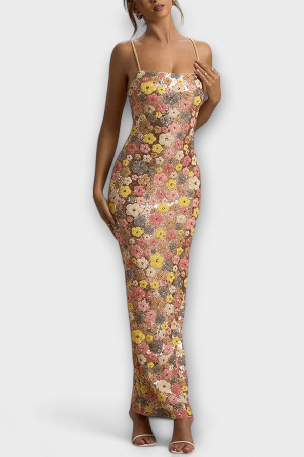 Oakley - Maxi-Kleid mit floralen Pailletten im 80er-Jahre-Stil