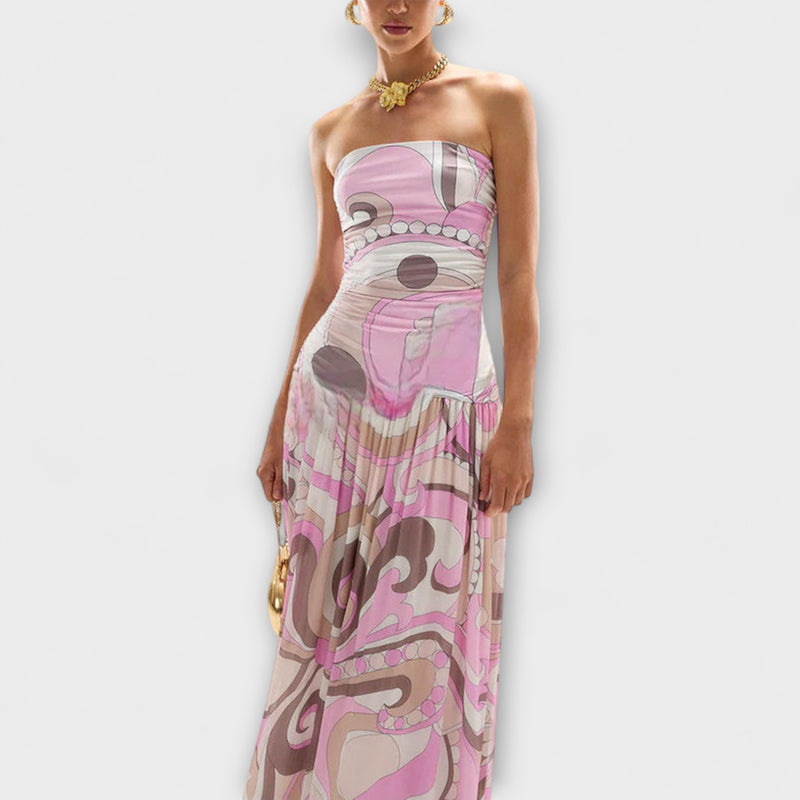 Tatum - Atemberaubendes pastellfarbenes schulterfreies Maxikleid