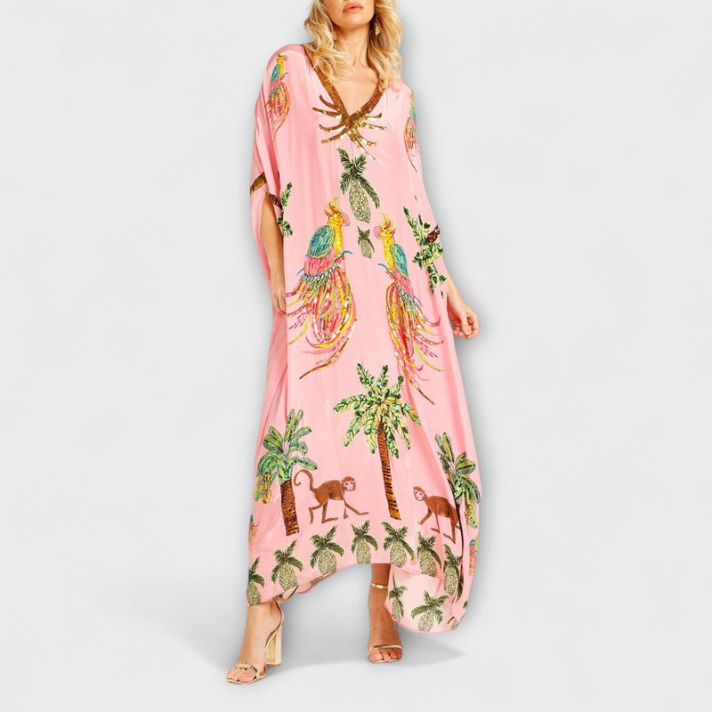 Linda - Auffälliges Kleid mit schrägen Schultern und Kokosbaum-Print