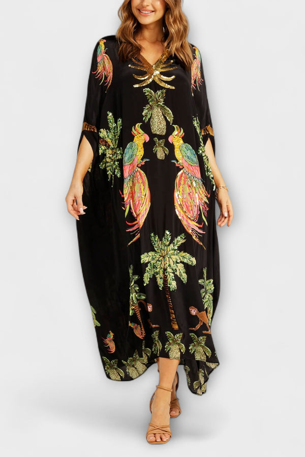 Linda - Auffälliges Kleid mit schrägen Schultern und Kokosbaum-Print