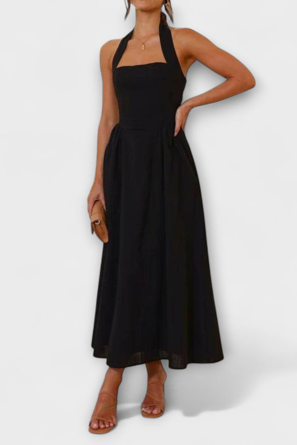 Lydia - Mid-Length Schwarzes Halterkleid mit Taillendetail