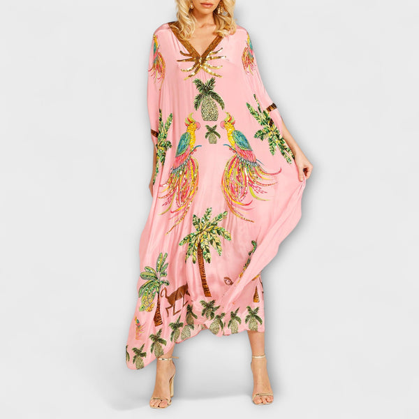 Linda - Auffälliges Kleid mit schrägen Schultern und Kokosbaum-Print