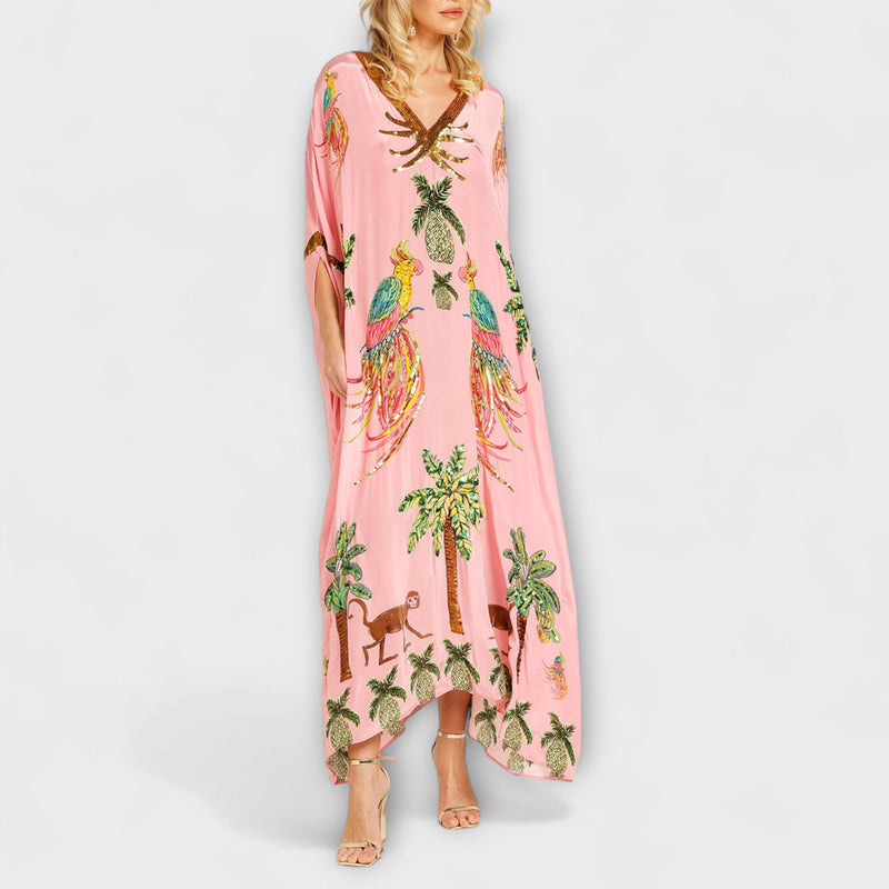 Linda - Auffälliges Kleid mit schrägen Schultern und Kokosbaum-Print