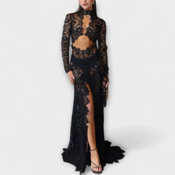 Azalee - Midnight Elegance Transparente Cutout Langarm Stretch Maxikleid