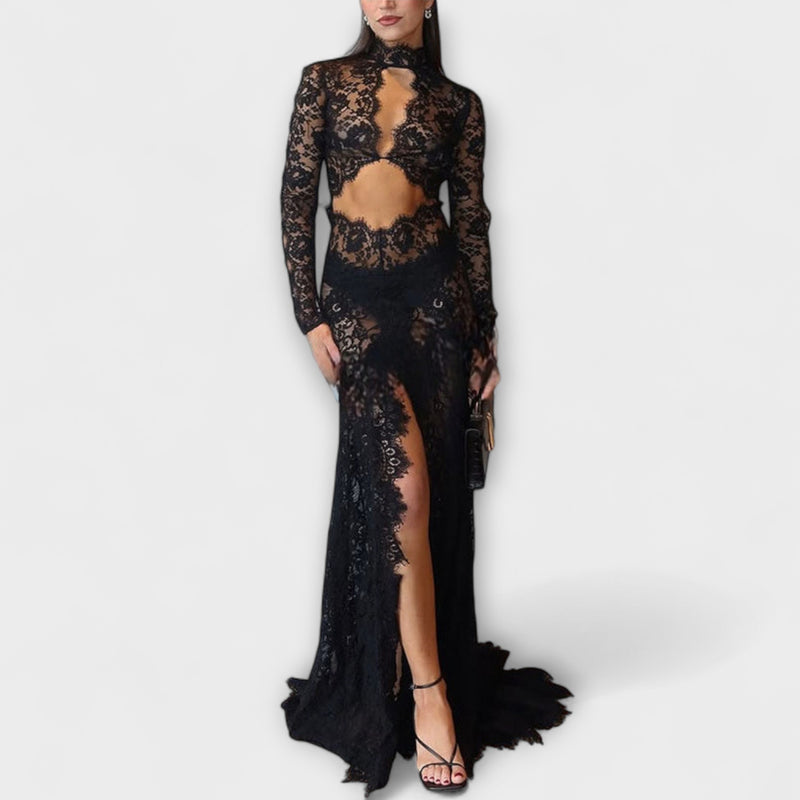 Azalee - Midnight Elegance Transparente Cutout Langarm Stretch Maxikleid