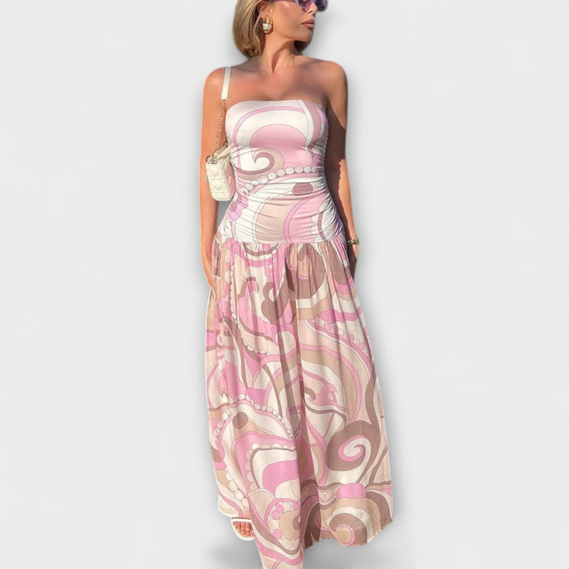 Tatum - Atemberaubendes pastellfarbenes schulterfreies Maxikleid