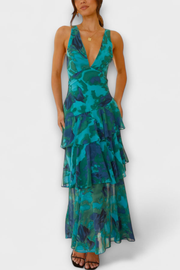 Domenica - Chiffonkleid mit V-Ausschnitt und fließenden Lagen