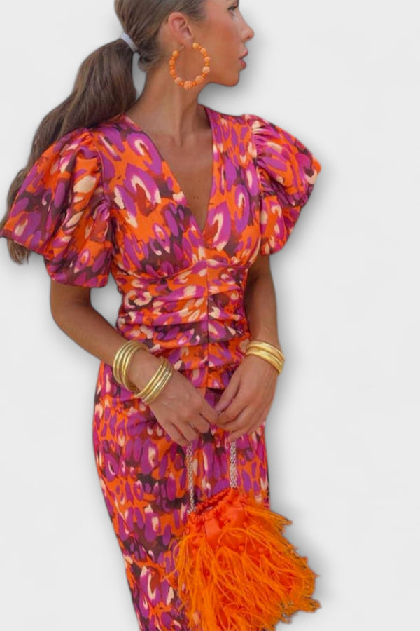 Simona - Elegantes Kleid mit V-Ausschnitt und Puffärmeln